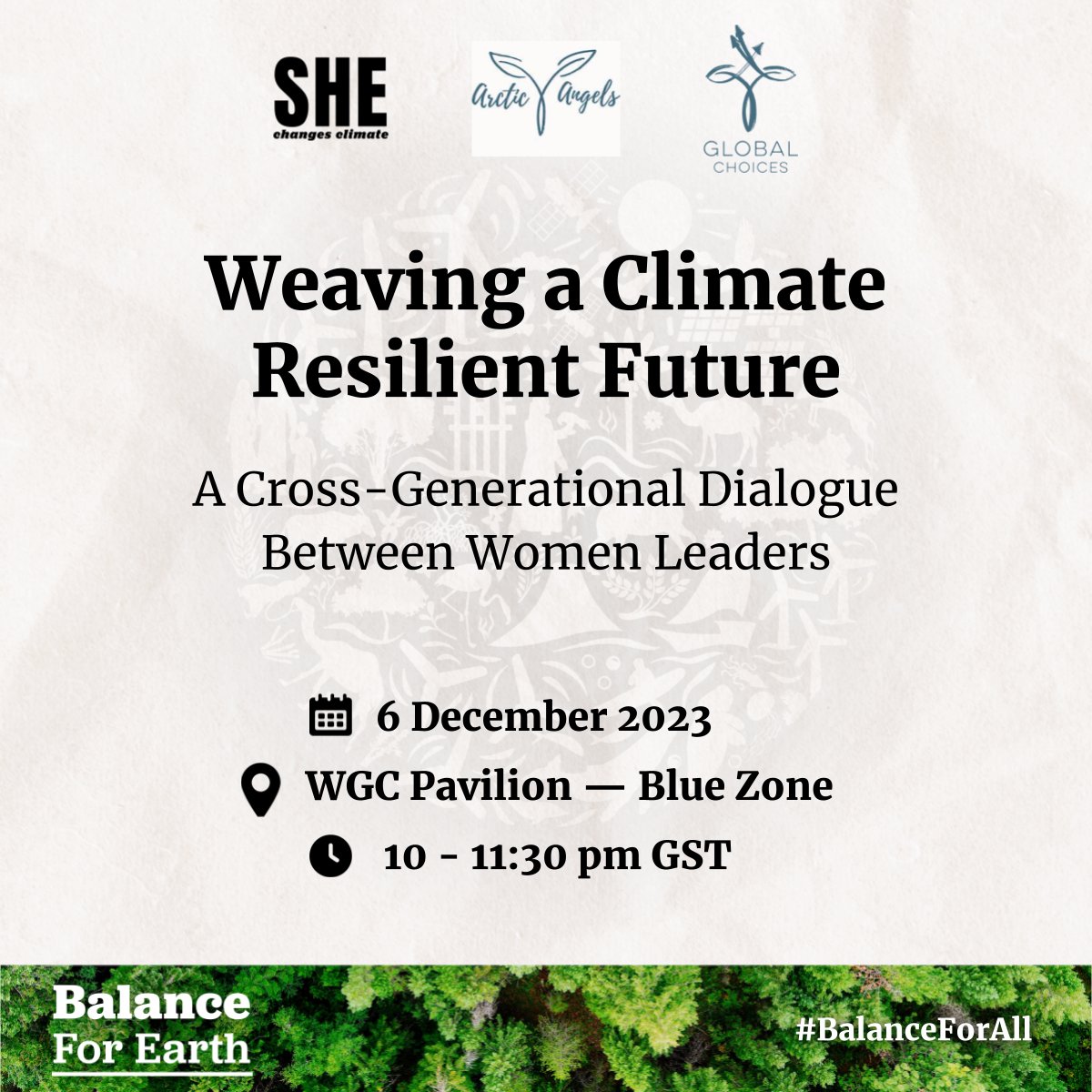 🪢Our side event at #COP28 is designed to allow the exchange of wisdom and experiences of elders to women in their youth advocating for #climateaction. By learning from each other, we can create and implement powerful climate solutions. Will you join us? #BalanceForEarth