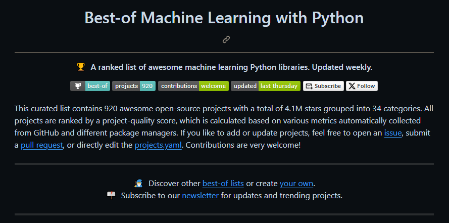 DanKornas's tweet photo. 👉 Best of Machine Learning with Python

This list contains 880 awesome open-source projects on Data Visualization, NLP, Time Series, Machine Learning, Data Pipelines, Reinforcement Learning, Recommender Systems and more.

🔗 https://t.co/tQknKdqRlW https://t.co/mBcGm9TX9a