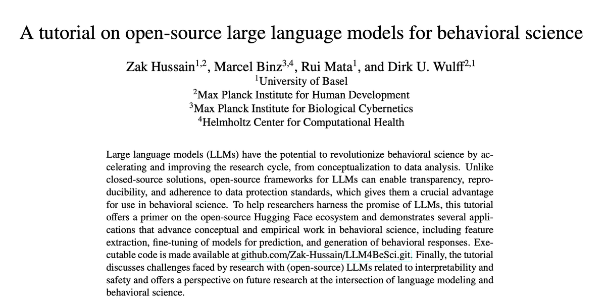 Dirk Wulff (@dirkuwulff) on Twitter photo 🚨New preprint🚨
How to leverage open-source #LLMs from <a href="/huggingface/">Hugging Face</a> for #psychology and behavioral science. Excited to share this tutorial with <a href="/ZakASHussain/">Zak Hussain</a>, <a href="/marcel_binz/">Marcel Binz</a>, and <a href="/rui__mata/">Rui Mata</a> with examples from personality, health, and decision science.
osf.io/preprints/psya… 🚨New preprint🚨
How to leverage open-source #LLMs from <a href="/huggingface/">Hugging Face</a> for #psychology and behavioral science. Excited to share this tutorial with <a href="/ZakASHussain/">Zak Hussain</a>, <a href="/marcel_binz/">Marcel Binz</a>, and <a href="/rui__mata/">Rui Mata</a> with examples from personality, health, and decision science.
osf.io/preprints/psya…