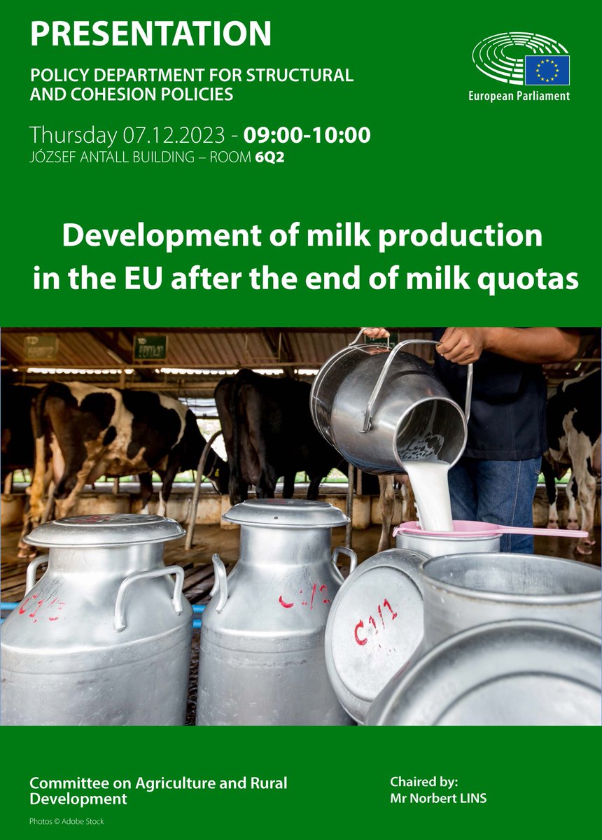 PolicyAGRI's tweet photo. š¢ Itās tomorrow! šļø 7 Dec 9am! The #StudyPresentation on
āDevelopment of milk production in the EU after the end of #MilkQuotasā!
Attend online: https://t.co/lK4YyvSCRc
Read the study: https://t.co/yNlalm0mHM
@EP_Agriculture
#Research4Committees https://t.co/5quY5pbems
