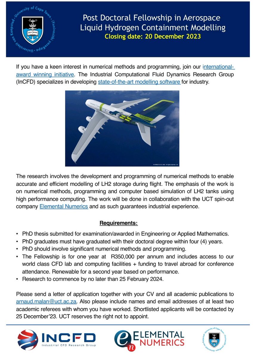 Multiple Fully Funded Master, PhD &amp; PostDoc Positions bare available at Cape Town University🎓🇿🇦

Application Deadline: 25 December, 2023.

Email: arnaud.malan@uct.ac.za

APPLY NOW:⬇️⬇️
Scholarship Details: ebe.uct.ac.za/incfd/vacancie…

ebe.uct.ac.za/department-mec…

eraonline.uct.ac.za/converis/porta…