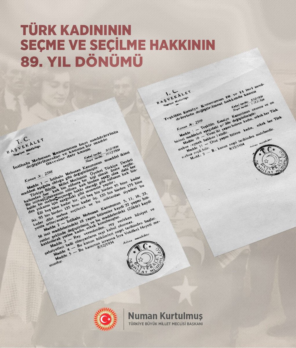 İstiklâl mücadelemizde destan yazan Türk kadınının, seçme ve seçilme hakkını elde etmesinin 89'uncu yıl dönümünü büyük bir gururla kutluyoruz.

Dünyanın “modern” olarak tabir edilen birçok ülkesinde, insanlar ten renkleri, cinsiyetleri veya inançları nedeniyle ayrımcılığa