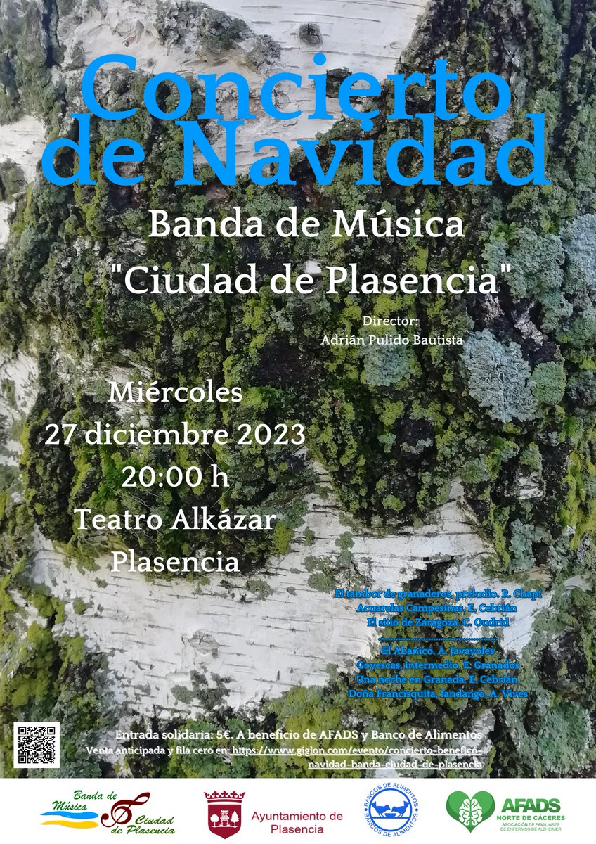 Ya tenemos cartel para el concierto que la BANDA DE MÚSICA CIUDAD DE PLASENCIA ofrecerá esta Navidad en el Alkázar. La recaudación irá destinada al Banco de Alimentos y a AFADS Norte de Cáceres. Ya se pueden adquirir las entradas en giglon.com.