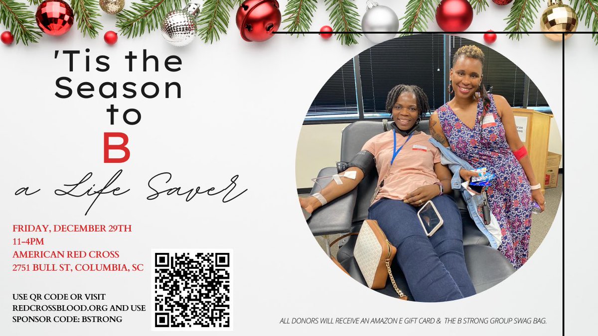 thebstronggroup's tweet photo. Join us for our final blood drive of the year! Friday, Dec 29 is our Tis the Season to B a Live Saver community blood drive. Sign up today to help us to save lives at https://t.co/UiBlf9CvlQ and use sponsor code: BSTRONG
#SickleCellAwareness
#SCSickleStrong. #BradensBuddies https://t.co/kZNuQItLVE