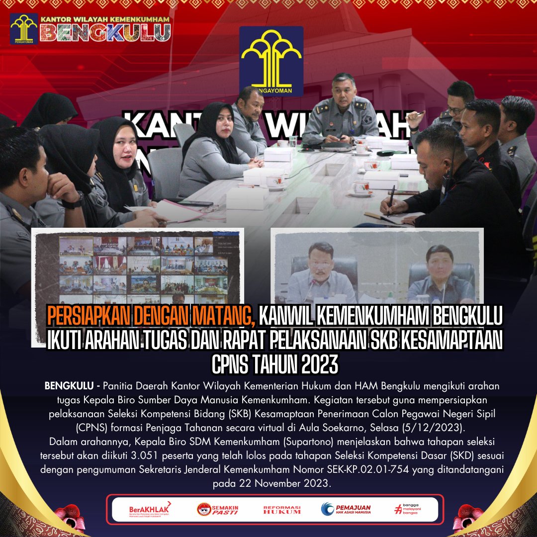 kemenkumbkl's tweet photo. PERSIAPKAN DENGAN MATANG, KANWIL KEMENKUMHAM BENGKULU IKUTI ARAHAN TUGAS DAN RAPAT PELAKSANAAN SKB KESAMAPTAAN CPNS TAHUN 2023

https://t.co/esnkVt5Luk

#KemenkumhamRI
#KemenkumhamBengkulu
#PastiPADEK https://t.co/QBnhdcWA0S