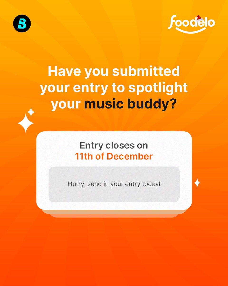 foodelohelp's tweet photo. Time's ticking! 🕒 Have you submitted your entry for the music buddy spotlight? Follow the instructions on the next slide, tag @foodeloNG and @BoomplayNigeria , and don't miss the deadline on December 11th. Hustle up! Let the most captivating write-up steal the spotlight. 🎶✨ https://t.co/tFUhWtK1mZ