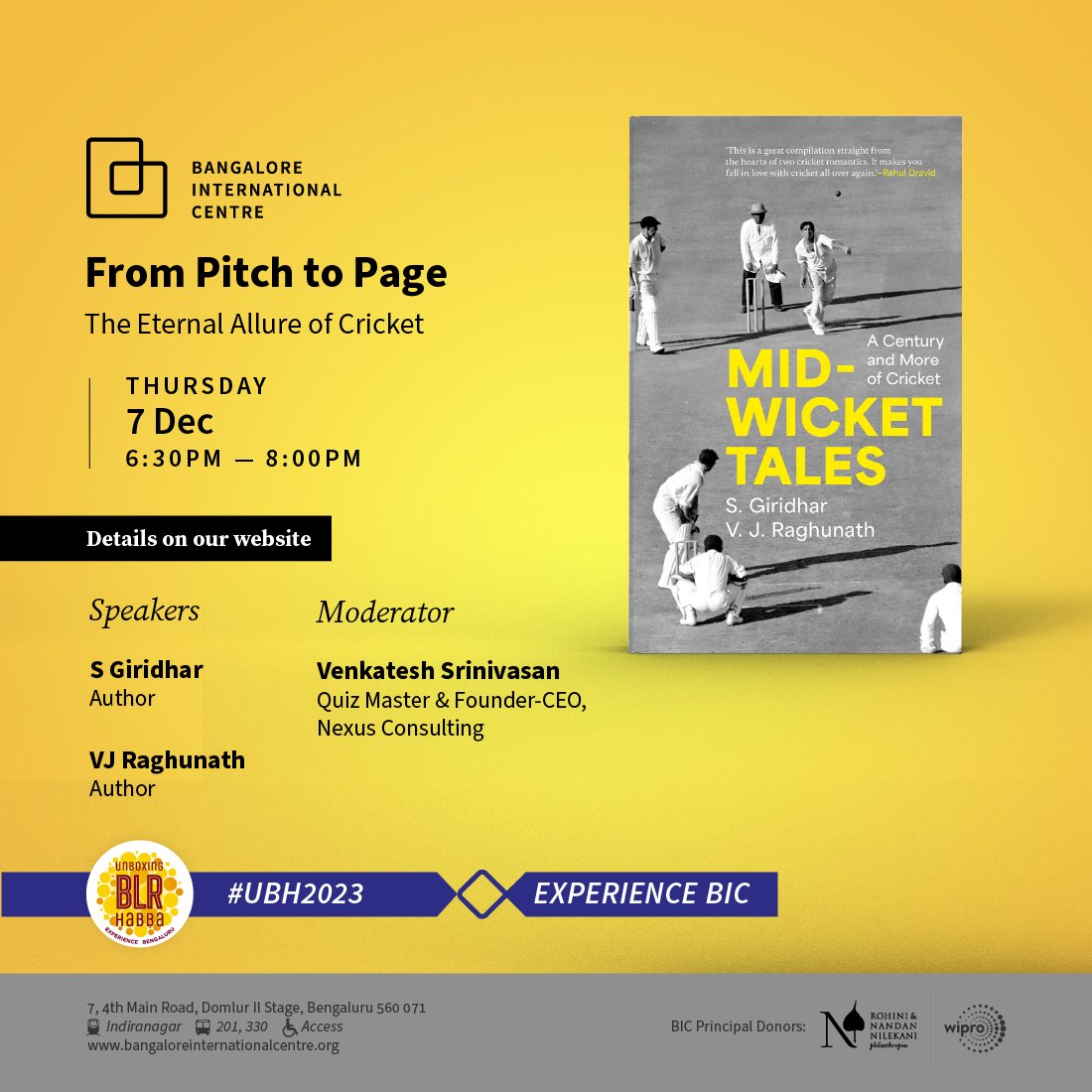 speakingtiger14's tweet photo. BANGALORE. We're keeping the cricketing spirit alive from pitch to page no less! 

Authors S. Giridhar and V. J. Raghunath discuss their book 'Mid-Wicket Tales' with Venkatesh Prasad, Quiz Master &amp; Founder-CEO, Nexus Consulting.

6.30 pm on Thursday, 7 Dec at @bicblr https://t.co/mcvzwPEvWz