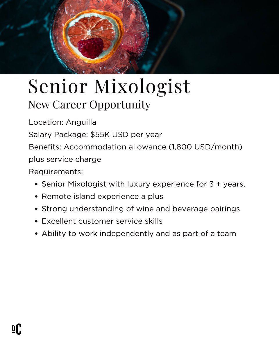 We are now recruiting a Senior Mixologist!  

To learn more about the role, please visit our careers page at dcglobaltalent.ca/careers/ or apply directly using the following link: recruiterflow.com/dcglobal/jobs/…

#recruiting #newcareeropportunity #applynow #recruitment #DCGlobalTalent