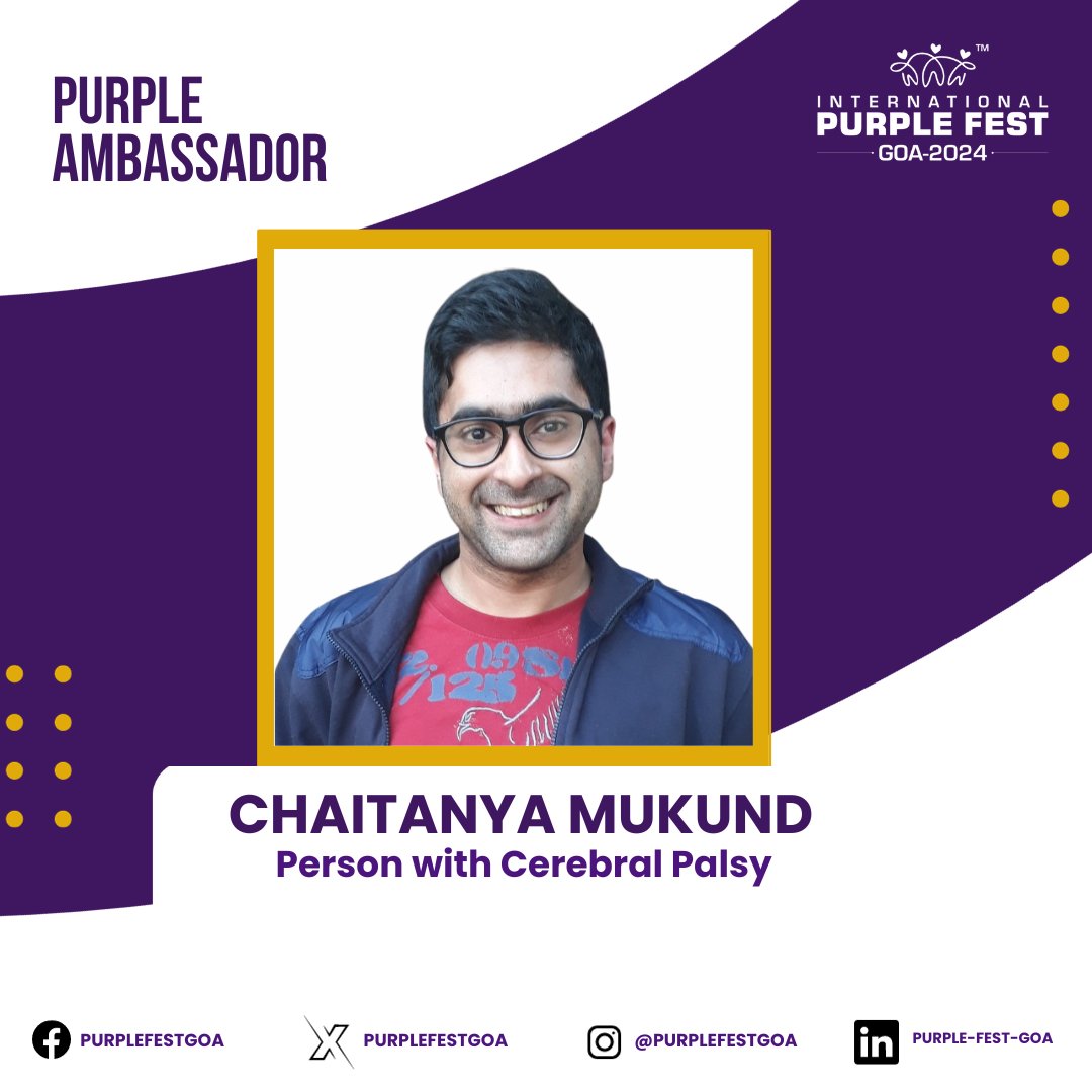 Meet our next Purple Ambassador, Chaitanya Mukund,

Chaitanya Mukund is an author, blogger, and supermodel who has Cerebral Palsy. In 2018, he gained recognition for becoming a supermodel with a disability at a fashion event that made it into the Guinness Book of World Records