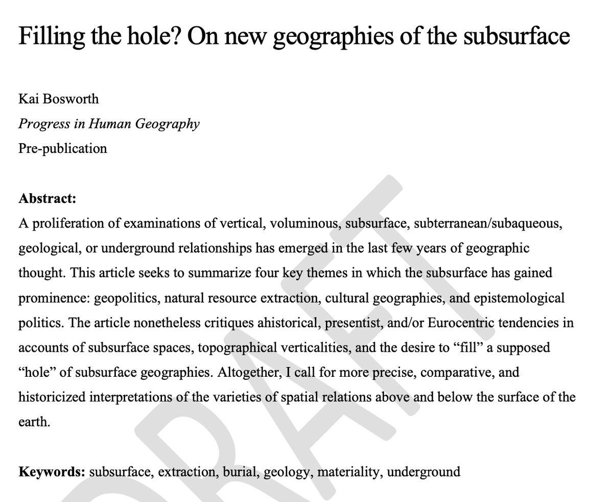 DavidCh27992090's tweet photo. Kai Bosworth @kaibosworth, 'Filling the hole? On new geographies of the subsurface', prepublication @ProgHumGeog #ontology #void #undercommons #AbyssalGeography https://t.co/3diSso2H4C https://t.co/rxGsKblnY6