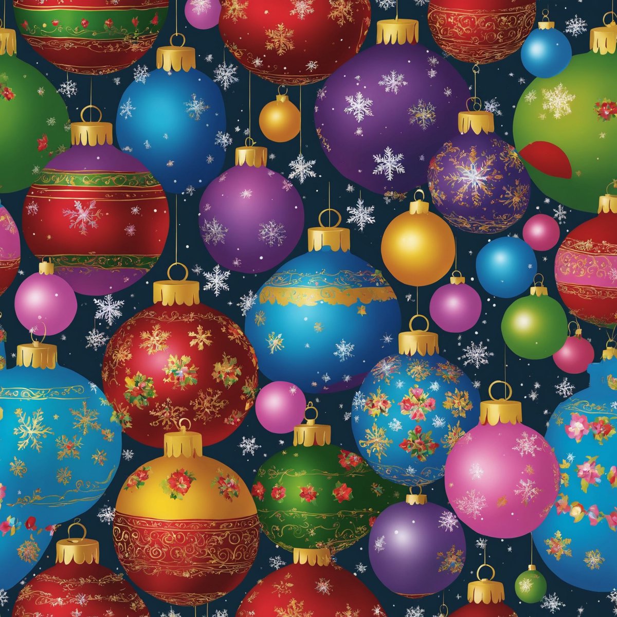 A kaleidoscope of Christmas baubles! Each ornament bursts with festive patterns, creating a tapestry of holiday spirit. A true mosaic of Yuletide joy. #ChristmasMagic #FestiveArt #OrnamentalBeauty