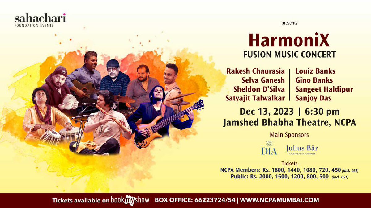 HarmoniX Fusion Concert @rafrakeshandfriends with special guests @louizbanks and @kanjeeraselva 13th Dec - Wednesday Tickets available on @BookMyShowID @NCPAMumbai #fusion #concert #music #liveconcert #harmonix #fusionconcert #rakeshchaurasia #ginobanks #sangeethaldipur