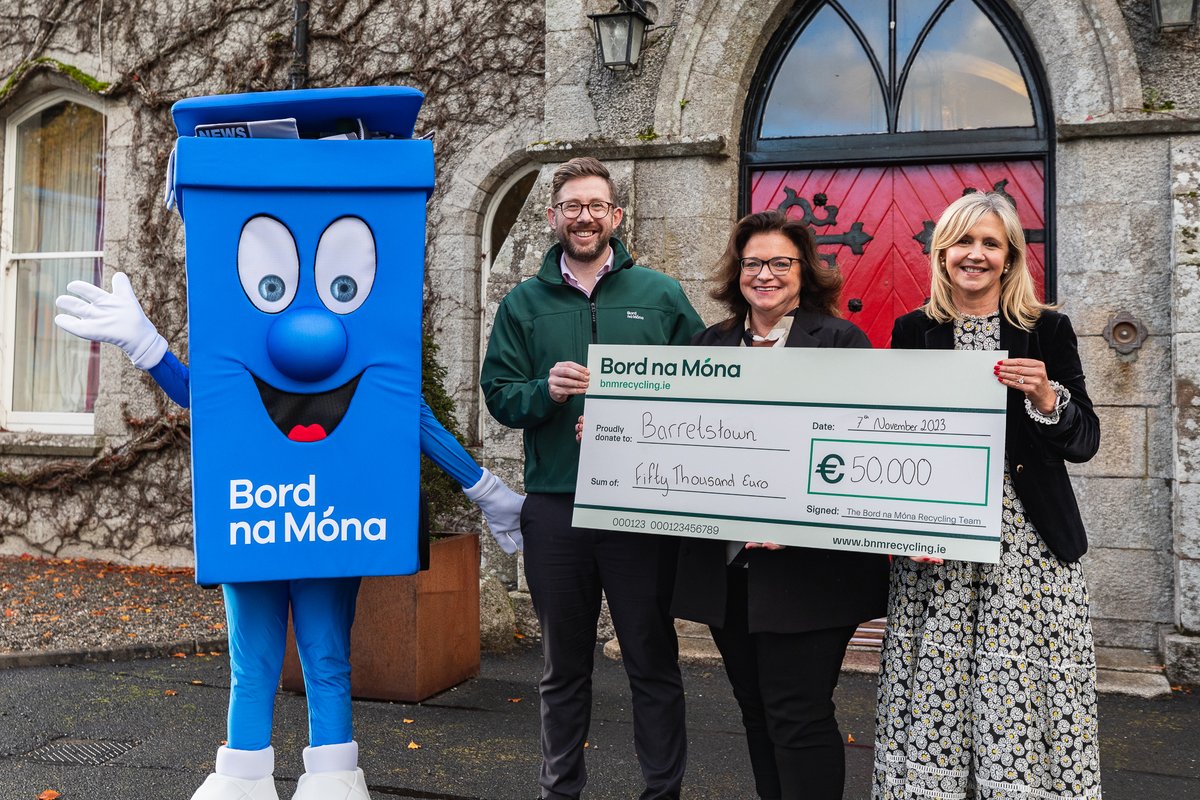 @BordnaMona Recycling is proud to name @Barretstown as our official charity partner. Pictured donating a cheque of €50,000 to Barretstown CEO @AhearnDee are Brand Marketing Manager Shane Mackey & Commercial Strategy Manager Helena O’Connell.
