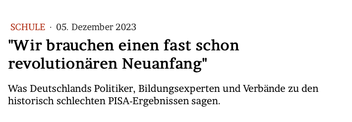 JMWiarda's tweet photo. "Wir brauchen einen fast schon revolutionären Neuanfang"

Was Deutschlands Politiker, Bildungsexperten und Verbände zu den historisch schlechten #PISA-Ergebnissen sagen.

 Im Blog: https://t.co/gBZC8KXWNW https://t.co/9MiowduGRk