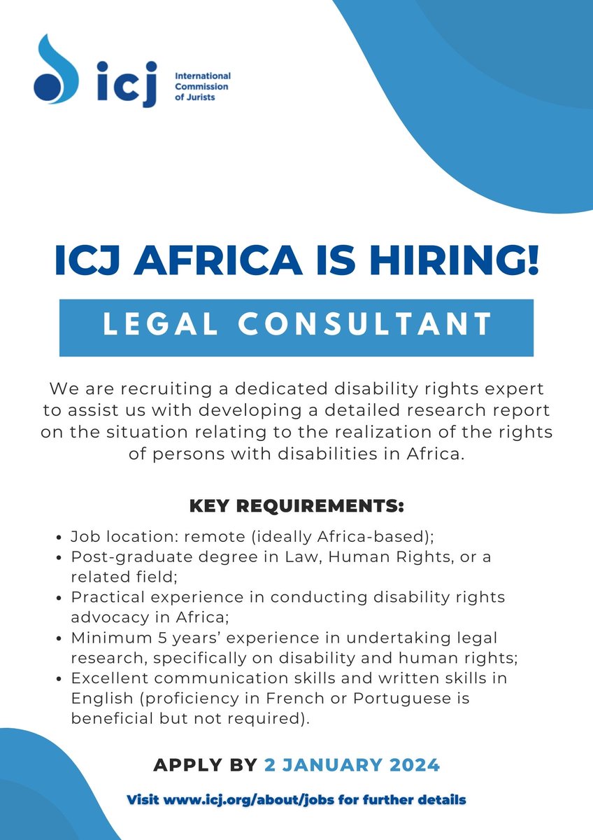 📢 #ConsultancyAlert! Are you a #DisabilityRights expert with experience in both legal research and #humanrights advocacy?💼 #ApplyNow to do a consultancy with our team! Deadline is 2 January 2024. 🌐 Visit icj.org/about/jobs/ for more information.
