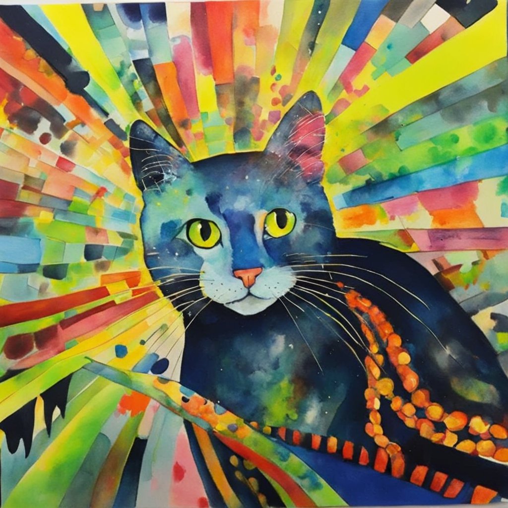 A kaleidoscope of hues leaps from this watercolor, capturing the essence of feline mystique. The vivid streaks evoke a sense of dynamic energy, framing the cat's contemplative gaze. A symphony of color meets soulful animal portraiture. #WatercolorWhimsy #FelineArt #ColorExplosion