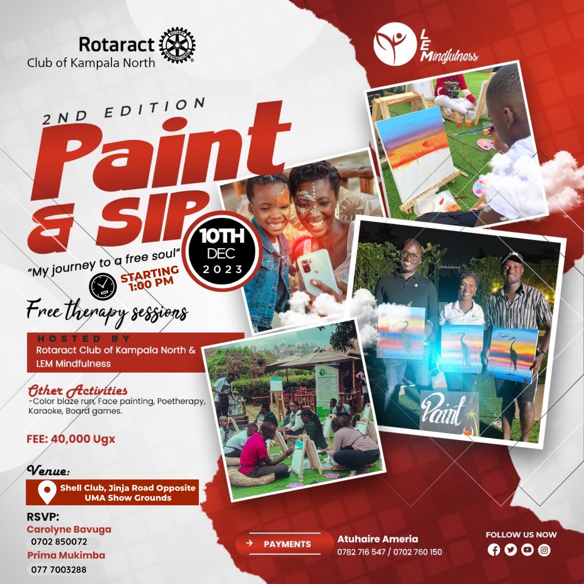 LEM-Mindfulness (@lemmindfulness) on Twitter photo Exciting update!
Our vibrant #PaintAndSip event has a new venue! Join us at Shell Club, Jinja Road Opposite UMA Show Grounds this Sunday at 1 PM for an afternoon of art and relaxation!
#ChennaiRains #Art #mentalhealth
<a href="/DrMutungaEA/">Mutunga Godfrey Angel</a> <a href="/kanosug/">Rotaract Kampala North</a> <a href="/AishaGanda_/">Aisha Ganda</a> @ShoonyaUg Exciting update!
Our vibrant #PaintAndSip event has a new venue! Join us at Shell Club, Jinja Road Opposite UMA Show Grounds this Sunday at 1 PM for an afternoon of art and relaxation!
#ChennaiRains #Art #mentalhealth
<a href="/DrMutungaEA/">Mutunga Godfrey Angel</a> <a href="/kanosug/">Rotaract Kampala North</a> <a href="/AishaGanda_/">Aisha Ganda</a> @ShoonyaUg