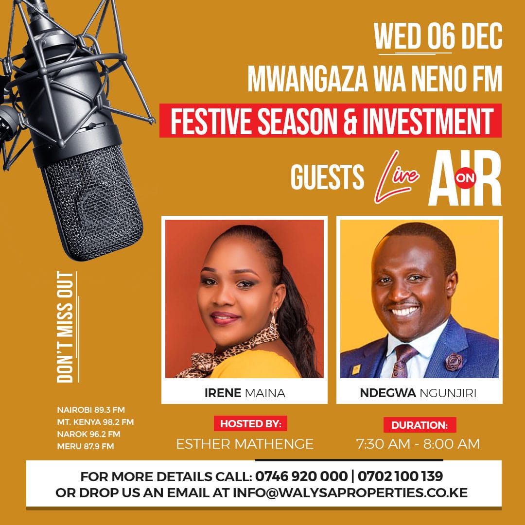 WalysaPlots's tweet photo. 📻 Join us tomorrow at 7:30 am for a 🔥 discussion. We'll live on Mwangaza Wa Neno FM.

𝐍𝐚𝐢𝐫𝐨𝐛𝐢 89.3 FM
𝐌𝐭. 𝐊𝐞𝐧𝐲𝐚 98.2 FM
𝐍𝐚𝐫𝐨𝐤 96.2 FM
𝐌𝐞𝐫𝐮 87.9 FM

📱 0746920000 | 0702100139
📨 sales@walysaproperties.co.ke
💻  https://t.co/KEb6sE09Yu https://t.co/mDIH9xHilp