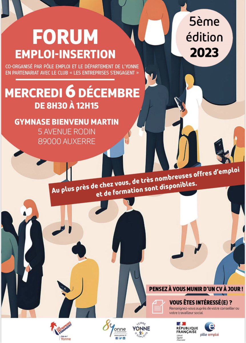 ☑️Demain matin à #auxerre les équipes du <a href="/Departement89/">Département Yonne</a> de @poleemploi_bfc en partenariat avec le <a href="/communauteLESE/">Les entreprises s’engagent</a> de l’#yonne se mobilisent pour proposer de nombreuses offres d’emplois et de formation. Parlez en à votre conseiller!📞🤝👷🏽👨‍🏭