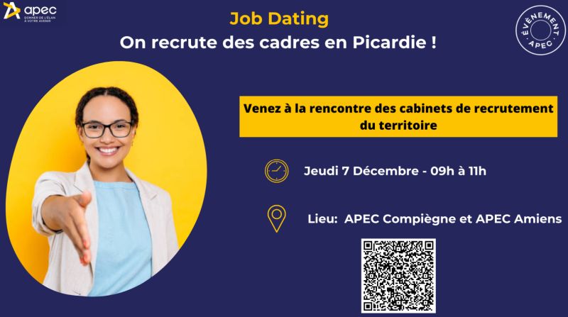 J-1 : Cadres en recherche : venez rencontrer des cabinets de recrutement :
🗓️ Jeudi 7 décembre 
📍 Centres Apec de Compiègne et d’Amiens 
(2 événements présentiels en simultané) 
✅ De 9h à 11h
S'inscrire : bit.ly/4179T3j