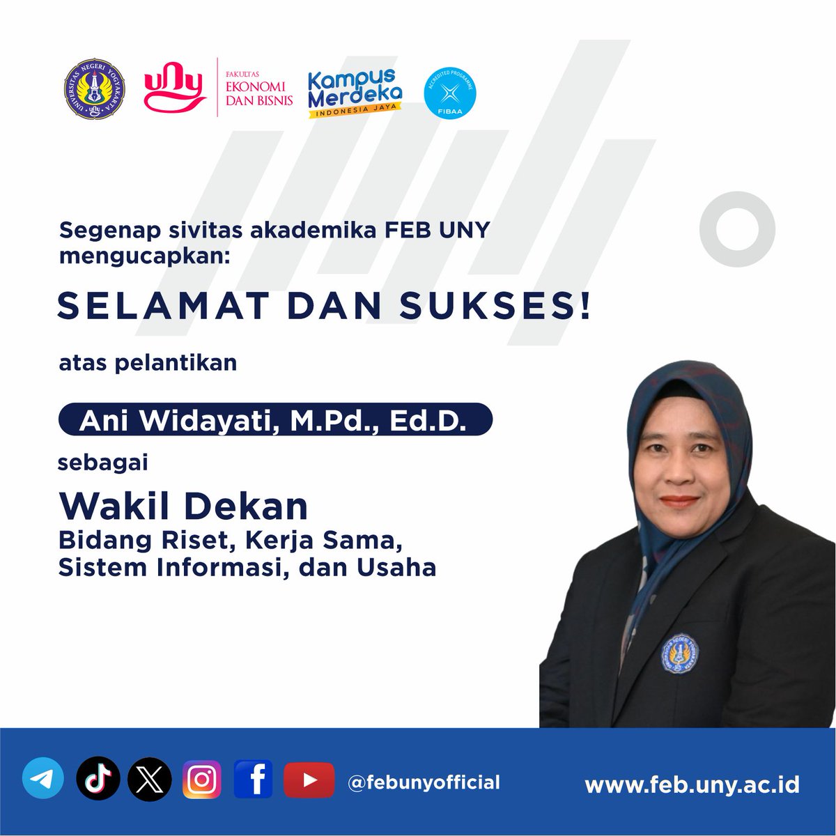 febunyofficial's tweet photo. Segenap sivitas akademika FEB UNY mengucapkan selamat dan sukses atas pelantikan 

Wakil Dekan Bidang AKA

Wakil Dekan Bidang PKUSD

Wakil Dekan Bidang RKSIU

Semoga diberikan kelancaran dan kemudahan dalam menjalankan tugas dan amanah tersebut.
#FEBrief #FEBright #FEBUNY https://t.co/KKlysHNNKE
