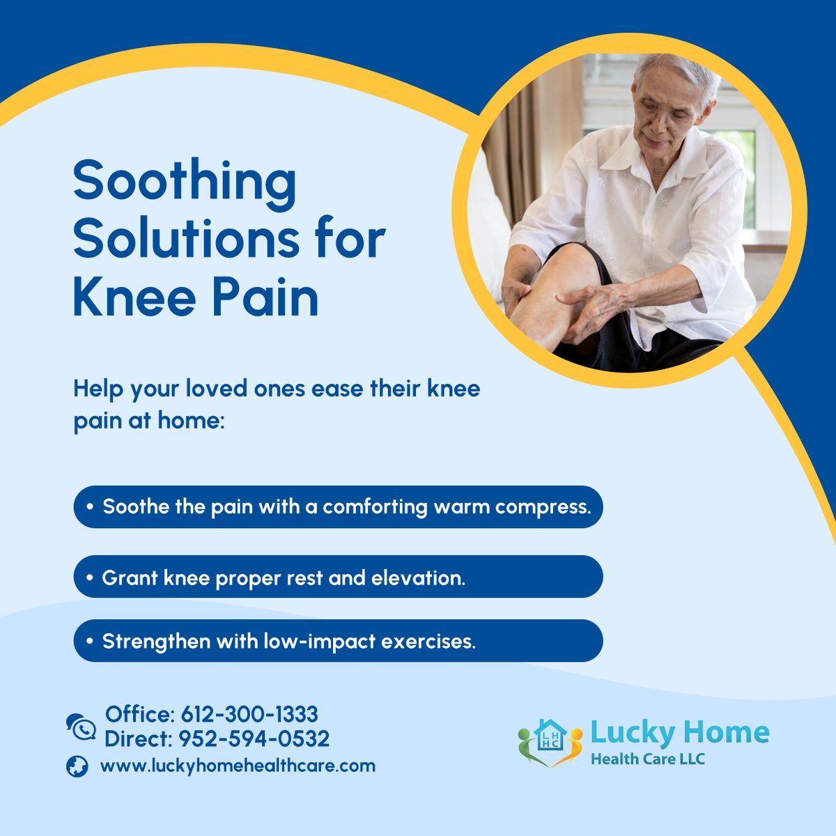 luckyhomehealth's tweet image. Extend a helping hand to your loved ones experiencing knee pain at home. With these simple remedies, you can bring comfort and relief. Let&apos;s make their well-being a priority together!

#KneePain #MinneapolisMN #PainSolutions #LuckyHomeHealthCareLLC #HomeHealthCare