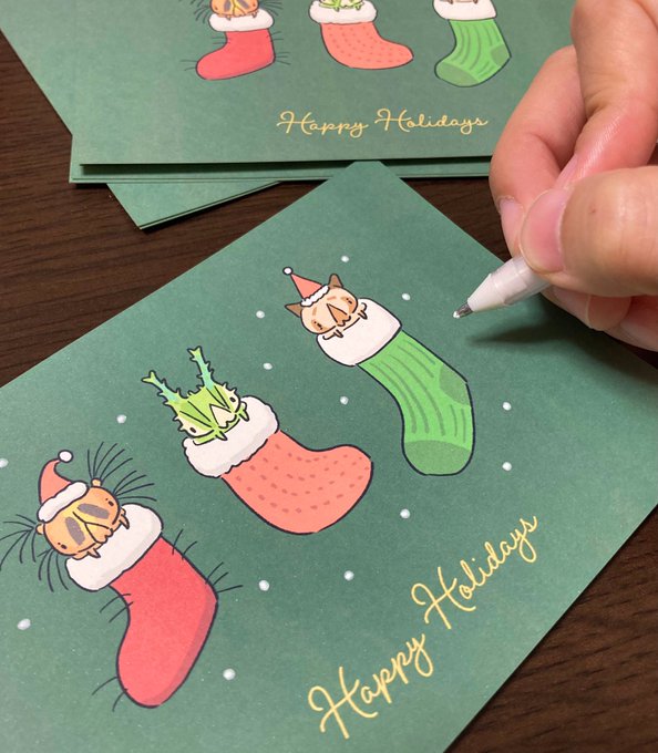 12月ということでクリスマスカードを。雪は手描きで #蝶と蛾の祭展