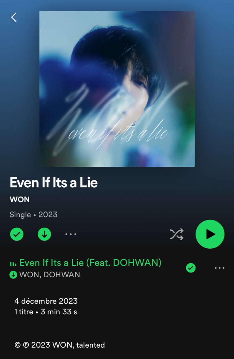 ✨-• Spotify  

Le Single « Even If It’s A Lie » de <a href="/Sungwon_France/">Sungwon_France 🇨🇵</a> (<a href="/inmypurple1218/">WON</a>) en duo avec <a href="/DohwanFrance/">Dohwan France #THECODE</a> est disponible sur Spotify !💜

©️: open.spotify.com/album/17JBLKQ9…

#Ciipher #CPR #싸이퍼 #박성원 #PARKSUNGWON