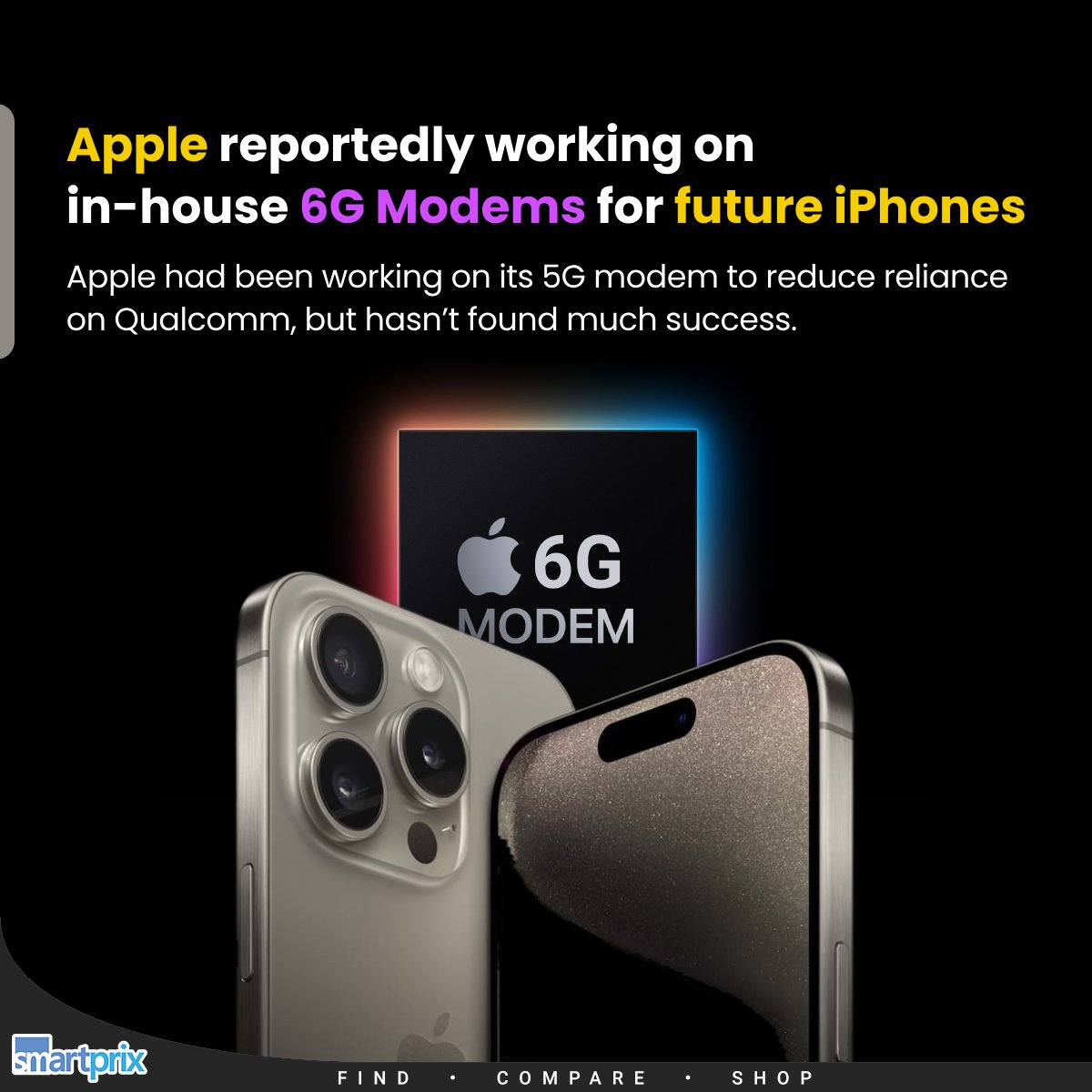Smartprix's tweet photo. Currently, Apple uses Qualcomm's 5G modems in its iPhones and will continue the use until 2026
#Apple #Qualcomm #5GModem #iPhone #6G https://t.co/S6bMP6hZ1s