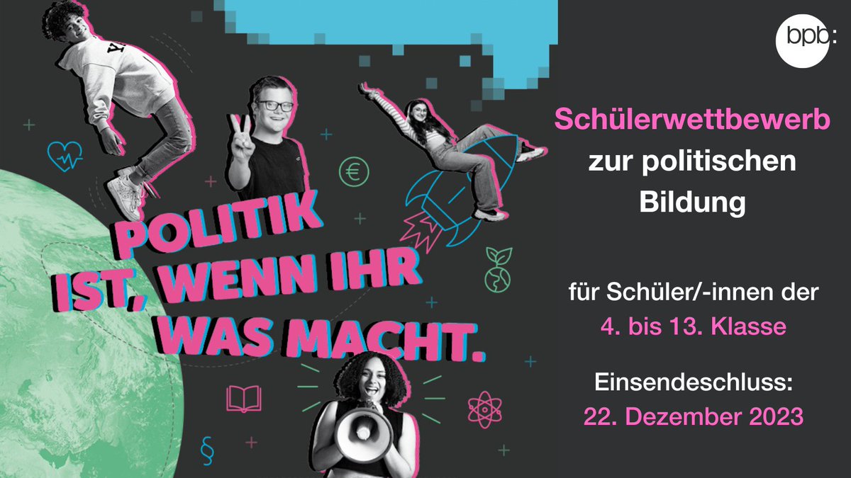 Der #Schülerwettbewerb zur politischen Bildung 2023 geht in den Endspurt. Bis zum 22.12.23 können Schüler/-innen von der 4. bis zur 13. Klasse ihre Projekte noch einreichen. Mehr Infos zu den Aufgaben und Preisen gibt es unter: schuelerwettbewerb.de
#PolitischeBildung #twlz
