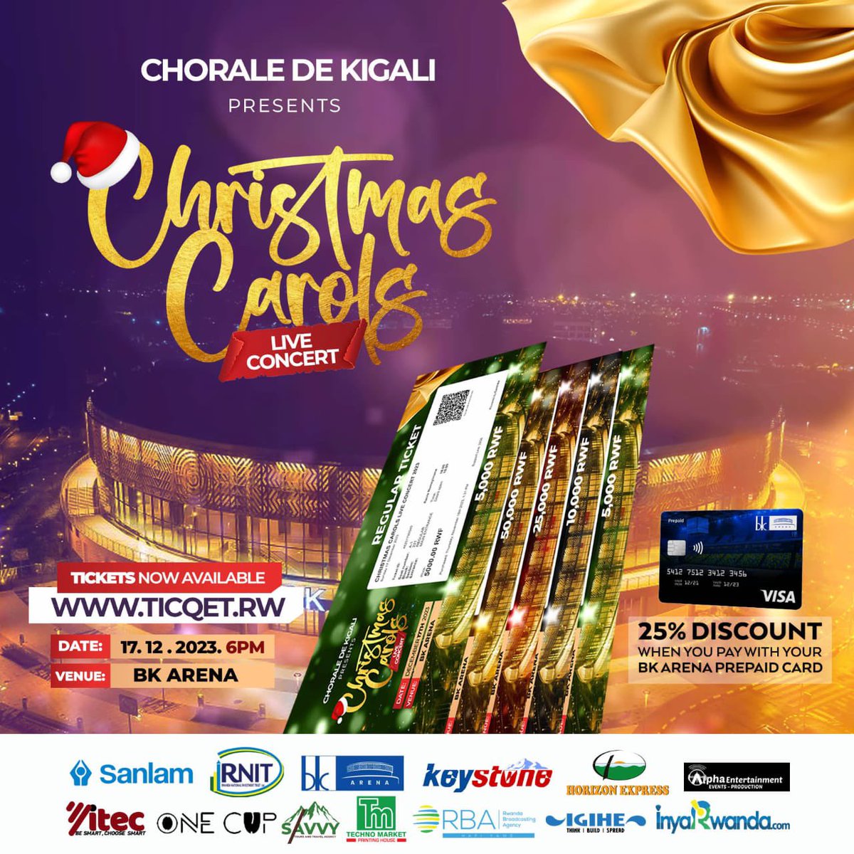 ChoraledeKigali's tweet photo. NTUCIKWE N'AYA MAHIRWE
Ubu ushobora kugura itike y'igitaramo cya Christmas Carols Concert 2023, ukagabanyirizwaho 25% mu gihe uyiguze ukoresheje ikarita ya "BK ARENA PREPAID CARD".
NTUCIKWE
#CCConcert2023 #CCC10 #ChoraleDeKigali https://t.co/ei7lkGn4Sj