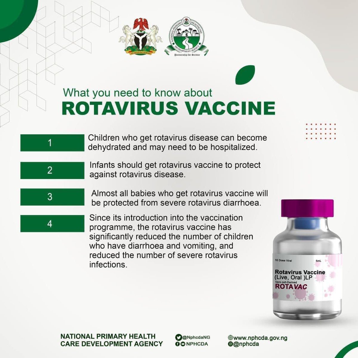 Vaccinating your children, especially against Rotavirus, shields almost every baby from severe diarrhea caused by Rotavirus. It's the most effective way to safeguard your children from Rotavirus and other diseases that can be prevented with vaccines. #SupportImmunization