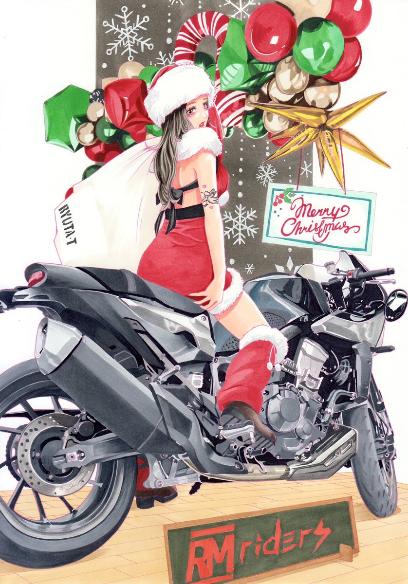 完成！

「ギャルサンタ × HAWK11」

＠Sworks_rm さん所有のHAWK11にオリジナルサンタさん乗せました！
僕から一足早いクリスマスプレゼント🎁

#アナログイラスト
#バイク女子
#バイクのある生活
#バイク乗りと繋がりたい