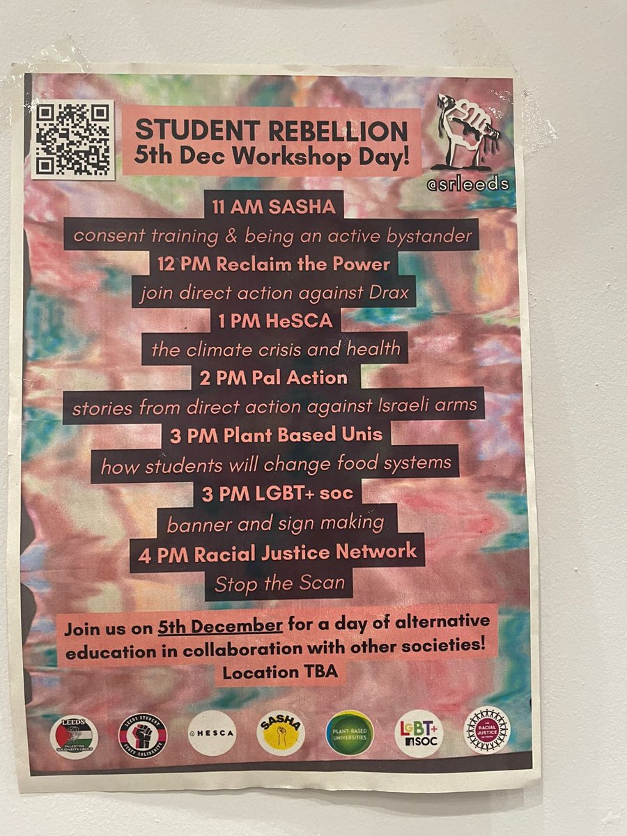 Once again, <a href="/UoLStudents/">Uni Leeds Students</a> lead the way in the fight for #ClimateJustice. Join <a href="/srleeds_/">Student Rebellion Leeds</a> and friends TODAY for a day of workshops in 1.01 Esther Simpson Building. #Solidarity to all those fighting for a better <a href="/UniversityLeeds/">University of Leeds</a> and demanding better, fairer futures!✊