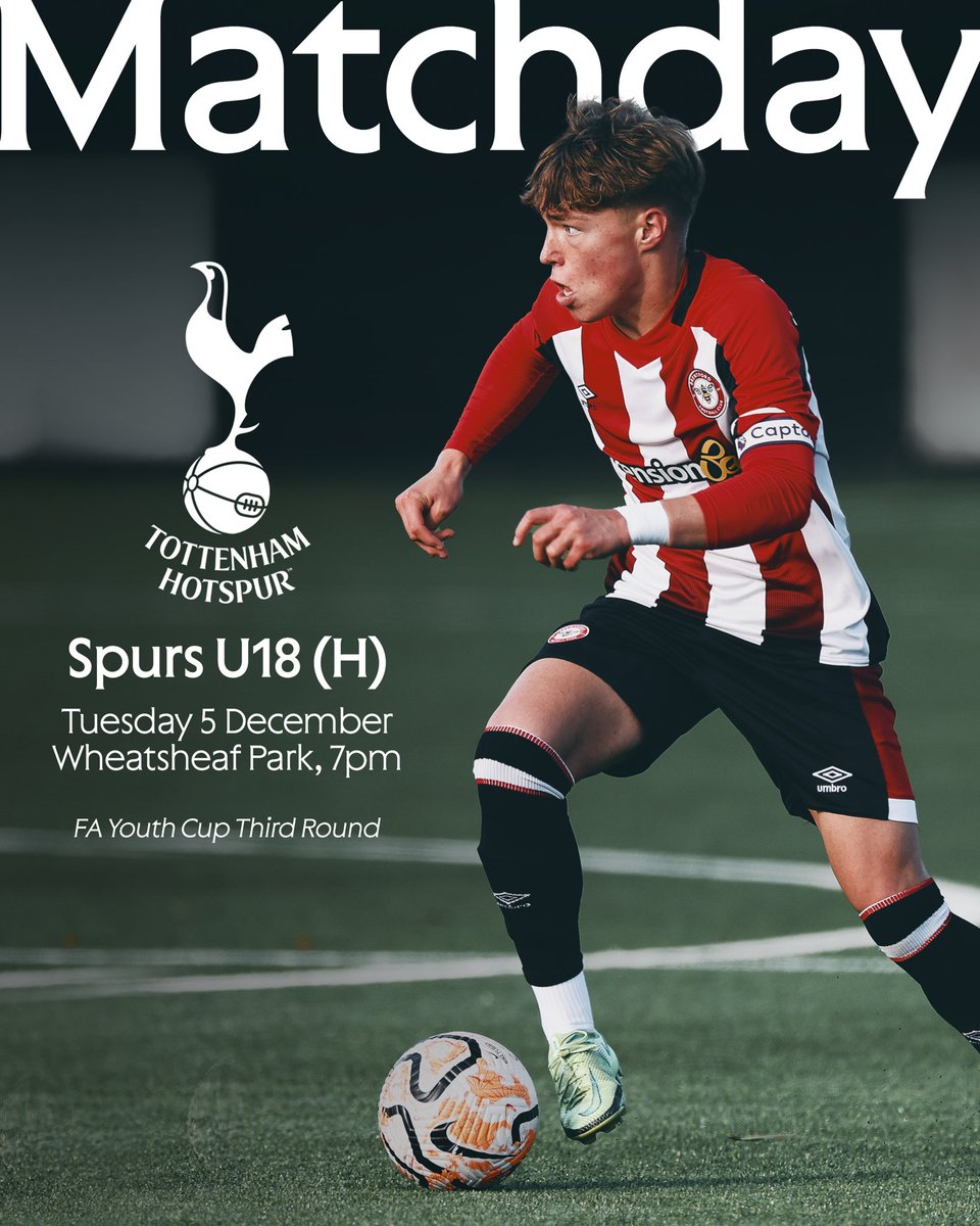 BrentfordFCPDP's tweet photo. 🏆 Match day! Our Under-18s host Tottenham Hotspur at Wheatsheaf Park in the FA Youth Cup third round this evening 🐝

Tickets ➡️ https://t.co/SS0WFfBOaG

#BrentfordFC https://t.co/1vA9DSI8S7