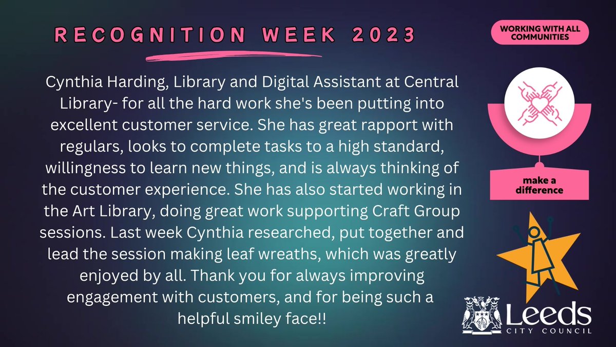 LeedsCC_People's tweet photo. We're starting day two of #RecognitionWeek23 with a spotlight on a colleague in our fabulous @leedslibraries π€© #PeopleOfLCC https://t.co/7Qzwk17gUz