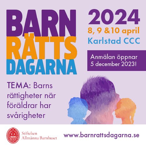 Välkommen som deltagare eller utställare till Barnrättsdagarna 2024!

🌟 Årets tema är ’Barns rättigheter när föräldrar har svårigheter’. Konferensen äger rum den 8-10 april i Karlstad.

Anmäl dig redan idag till Earlybird-pris💫

Läs mer: barnrattsdagarna.se/program2024/