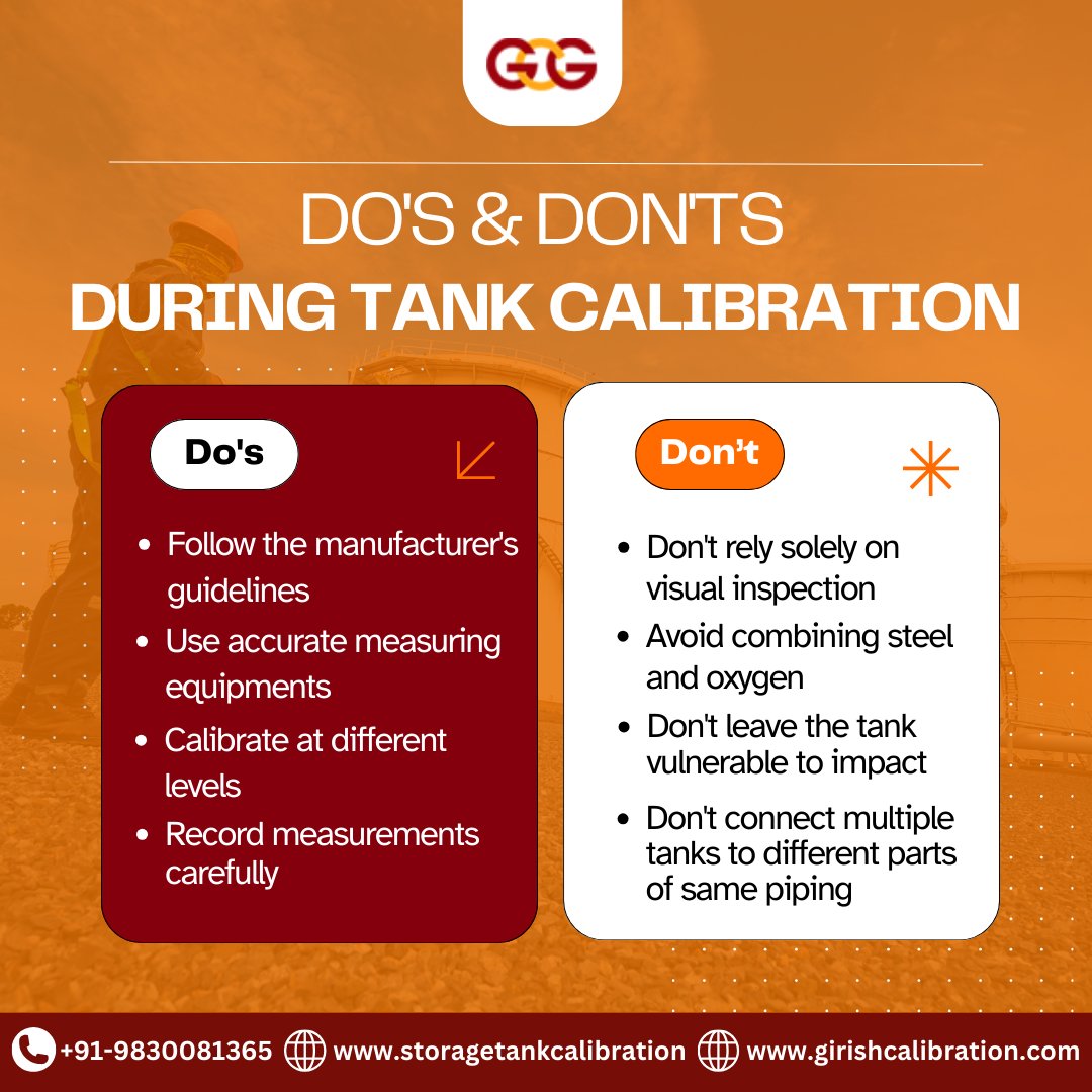 Avoid Calibration Pitfalls! Our expert tips on what to do (and what not to do) during tank calibration. Your go-to resource for accuracy! 

#TankCalibration #TankAccuracy #tankinspection #calibrationservices #storagetankcalibration #GirishCalibration #GirishChandrGhosh