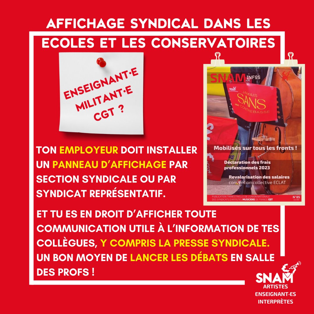 #affichagesyndical #enseignement #conservatoire #ecoledemusique
L'employeur doit installer un panneau d'affichage par section syndicale ou par syndicat représentatif. IOn peut y afficher toute communication utile à l'information de tes collègues, y compris la presse syndicale.
