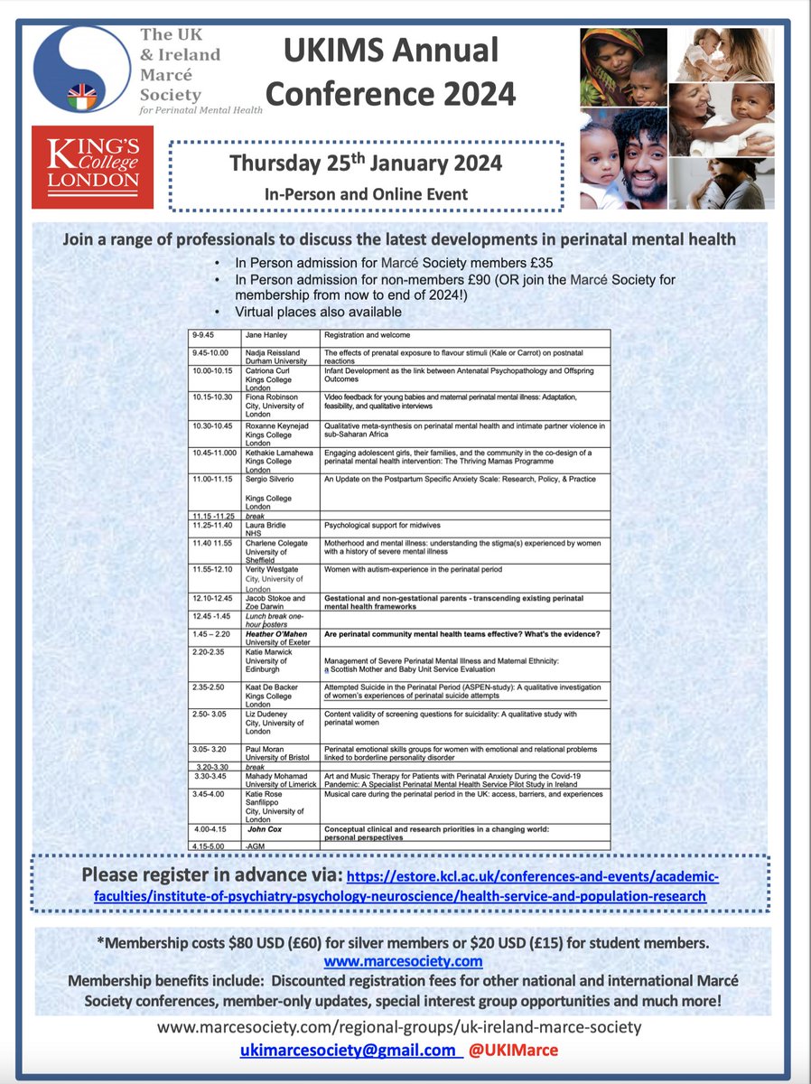 We are excited to announce the annual UKIMS conference will take place on January 25th 2024! Check out the programme for the latests developments in #Perinatal #mentalhealth Register here: estore.kcl.ac.uk/conferences-an… #UKIMS2024