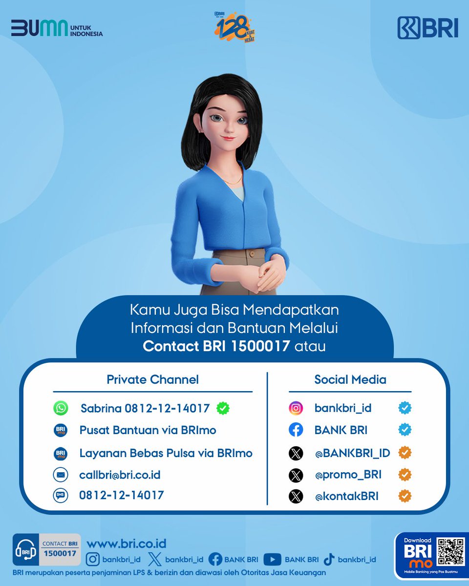 Sobat BRI, 

Jika membutuhkan informasi atau ingin mengajukan pengaduan di akun X @KontakBRI, silakan dapat menghubungi Contact BRI melalui DM ya. Sobat juga dapat menghubungi Contact BRI melalui layanan Private Channel BRI dan Social Media lainnya yang sudah terverifikasi.