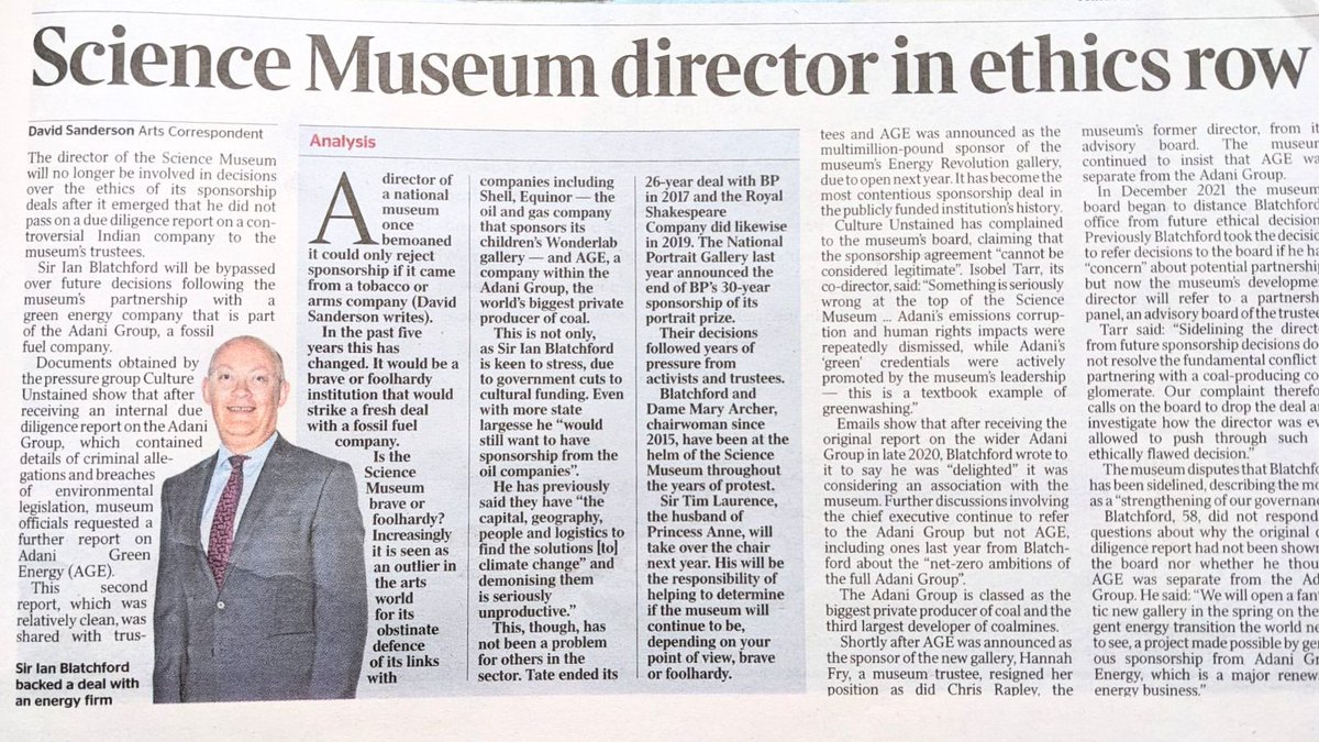 Cult_Unstained's tweet photo. 🔥BREAKING! @thetimes reports our investigation into Adani @sciencemuseum sponsorship

The museum cut its director out of sponsorship decisions since making this dodgy deal

And we sent a 34page formal complaint calling for them to drop coal company Adani https://t.co/vRUZNEWQ4f https://t.co/GziAQxHOen