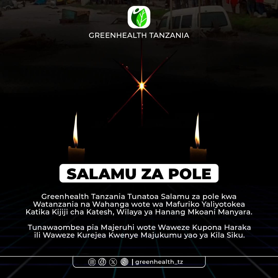 Viongozi na Wanachama wote wa Greenhealth organization Tunaungana na viongozi wengine na Taifa kwa ujumla kutoa Salamu za pole kwa ndugu zetu na wapendwa wetu wa wilaya ya HANANG- MANYARA  na Mungu azilaze mahara pema peponi roho za wapendwa wetu.😭
#Hanang #manyara 
#salamzapole