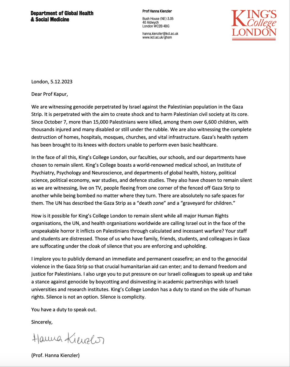 It is shocking that @KingsCollegeLon remains silent in the face of #genocide in #Gaza. I have written this letter to our President @ShitijKapur demanding him to publicly call for an immediate and permanent ceasefire and for freedom and justice for Palestinians. #CeasefireNOW