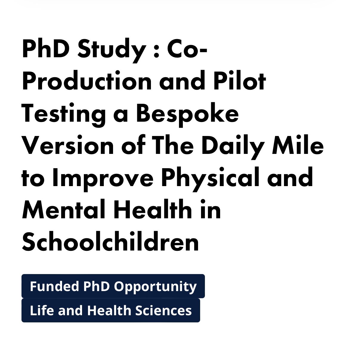 🚨FULLY FUNDED PHD🚨 We are offering a fully funded PhD award, supervised by Dr @SShannon978, Prof @deirdrebrennann, Dr @noelbrickie & Dr @breslin_g Closing Date: 2️⃣6️⃣th February 2024 #TheDailyMile #MentalHealth #PhysicalActivity 🏃‍♀️ 🏃‍♂️ More info 👉 ulster.ac.uk/doctoralcolleg…