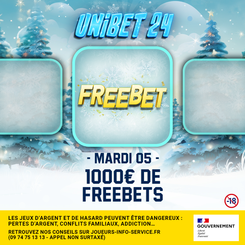 UnibetFrance's tweet photo. ❄️ 𝐔𝐧𝐢𝐛𝐞𝐭 𝟐𝟒 - 𝐂𝐚𝐬𝐞 𝟓 🎄

🙌 200 x 5€ de Freebets à gagner aujourd'hui entre 10h et 15h !

👀  Choisis bien ton moment pour gratter ton ticket en cliquant sur l'image et découvre si tu as gagné ou perdu.

🎁 2 x 50€ en bonus si tu RT/Follow + #Unibet24