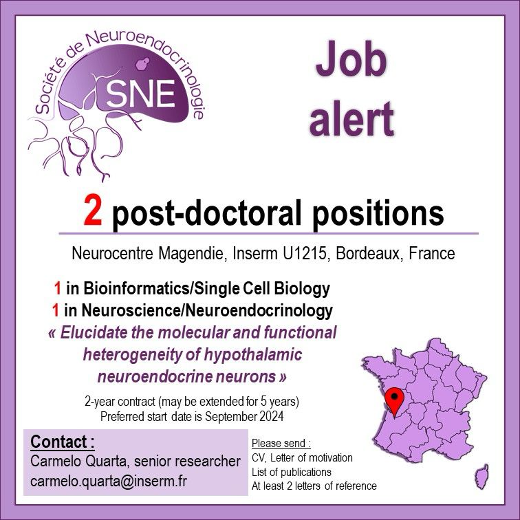 🚨2 POST-DOC POSITIONS🚨Post-doctoral positions in
 1. « Bioinformatics/Single Cell Biology » 
2. « Neuroscience/Neuroendocrinology » 
available in the Neurocentre Magendie in Bordeaux. Don’t hesitate to share this offers within your network.