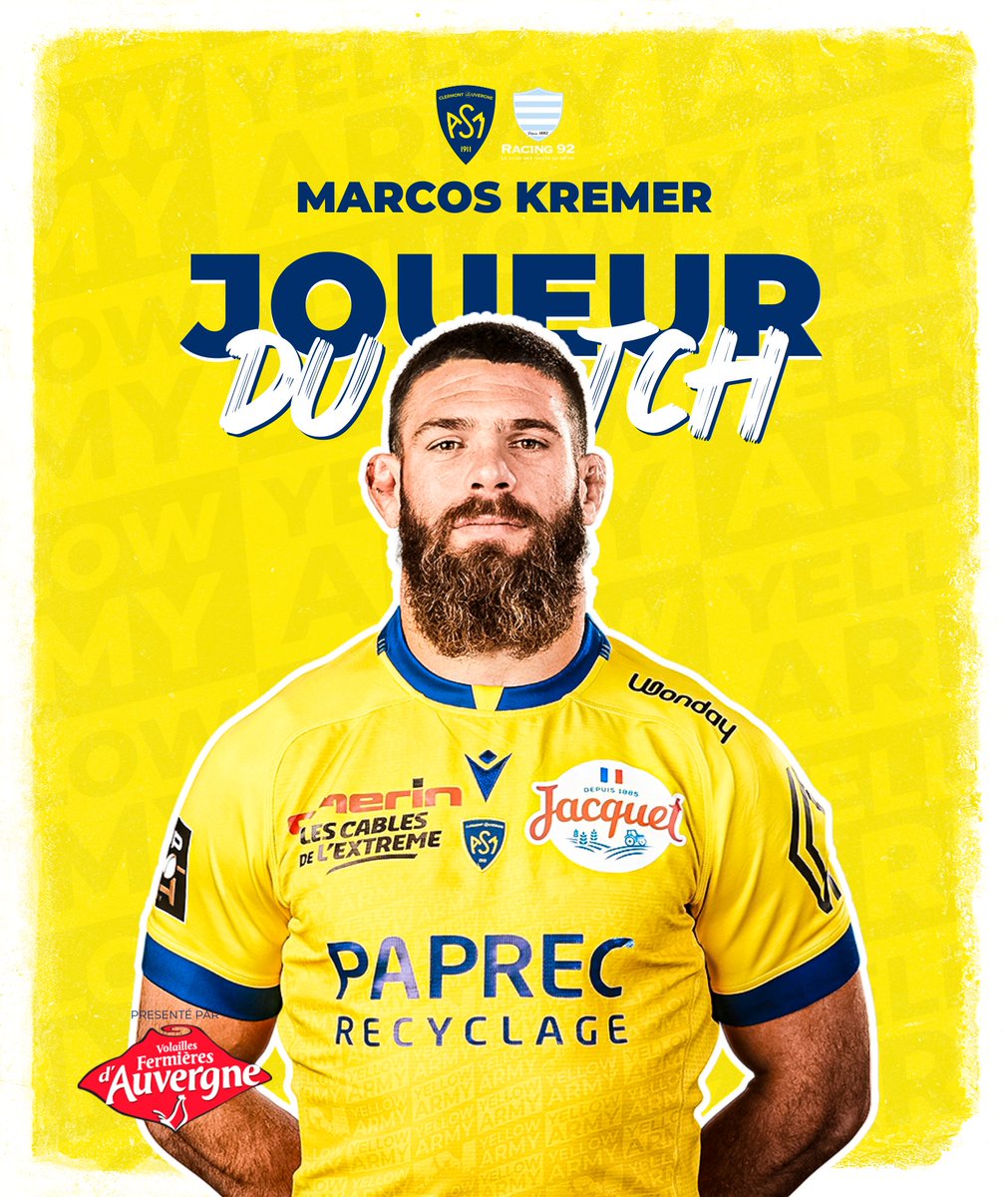 ASMOfficiel's tweet photo. #JoueurDuMatch 🏉 by les @VolaillesAuv 🐓

C'est @MarcosKremer2 qui est le joueur du match #ASMR92 💛💙
#ASMrugby https://t.co/eMhHToVOIO