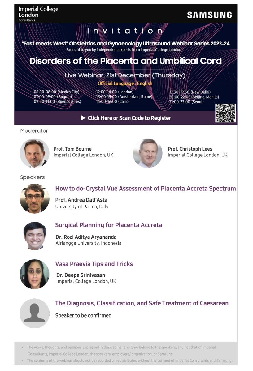 This Live webinar on ultrasound imaging and the placenta including CS pregnancy, Vasa Praevia and Placenta Accreta starts at 12.00.p.m. (London, UK) on the 21th December (Thursday). To register go to this link bit.ly/47J9m9W