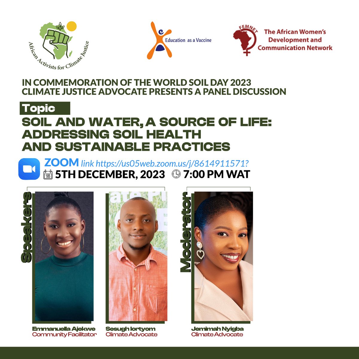 Digging into the roots of sustainability.
Join the movement this World Soil Day to recognize the inseparable bond between soil and water. #Soil #Water #climate #WorldSoilDay

Join us later today on this discussion:
us05web.zoom.us/j/86149114571?…

<a href="/aacjinaction/">African Activists for Climate Justice</a>
<a href="/FemnetProg/">FEMNET</a>
<a href="/EVA_Nigeria/">Education as a Vaccine Nigeria</a>